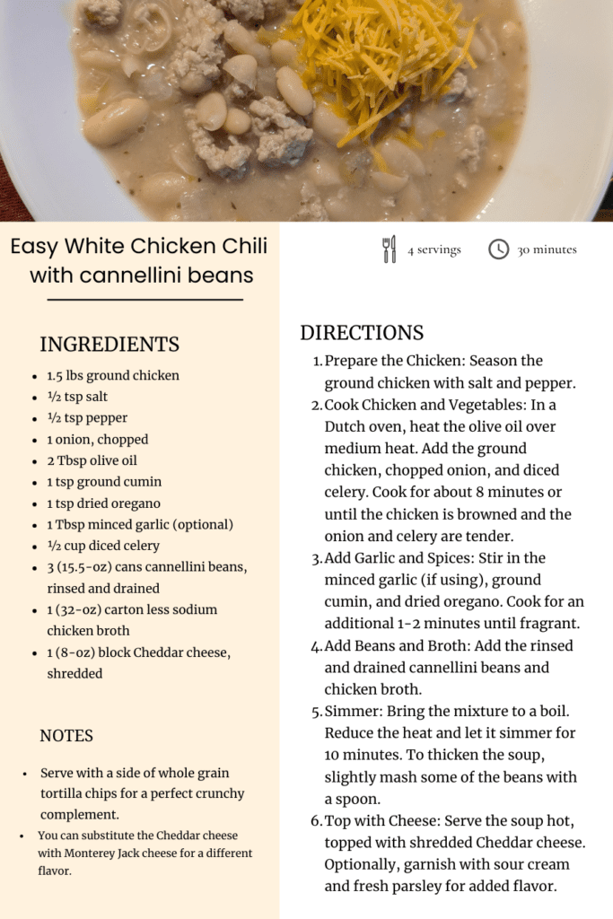 Recipe Card for easy white bean chicken chili