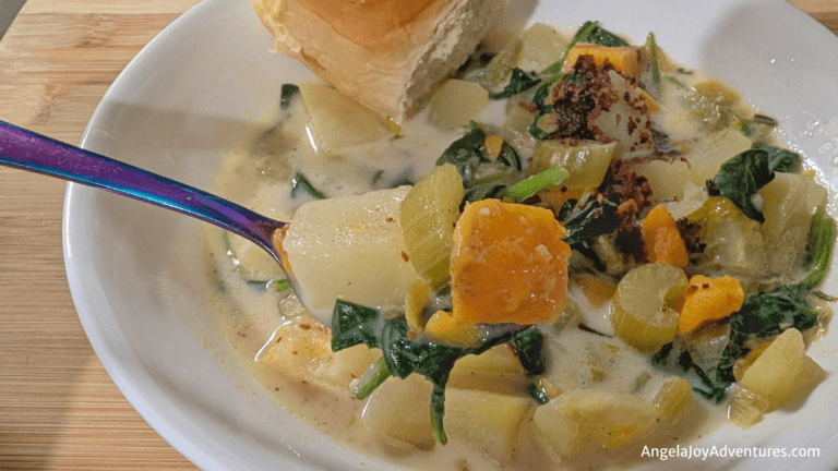 Bowl of two potato Soup with yukon gold, sweet potatoes and bacon